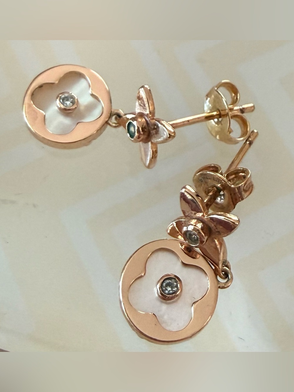Rose Gold Floral Drop Earrings with Mother-of-Pearl and Crystal Accent